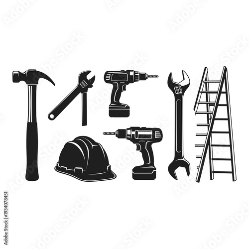 Collection of black and white construction tools and equipment isolated on white background