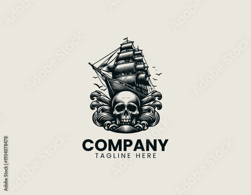 Pirate sailing ship with skull and ocean waves black vector logo illustration isolated on white background