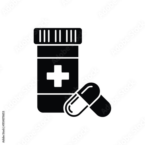 Black silhouette of a medicine bottle with a pill nearby