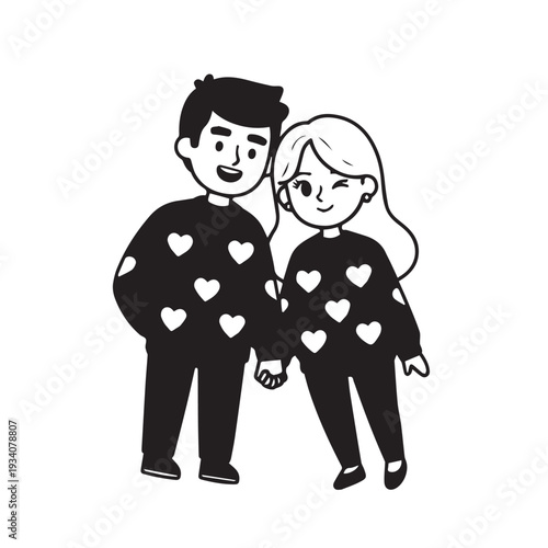 Whimsical cartoon couple holding hands wearing heart patterned outfits.