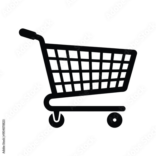 Simple black and white illustration of a shopping cart icon