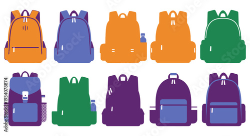 Colorful backpacks illustration set against white background for various uses