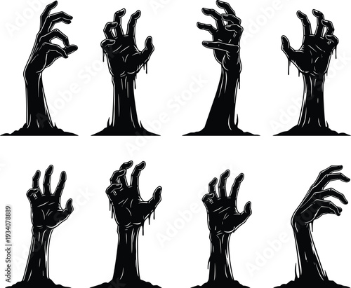 Black silhouette illustration, zombie hands rising, horror theme, Halloween design, undead concept, creepy atmosphere, supernatural element, scary decoration, flavector