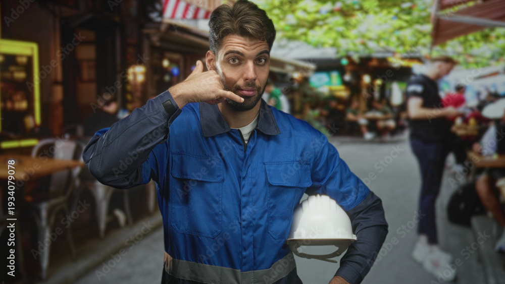 Fototapeta premium Hispanic man construction worker holding white hardhat makes call me hand gesture while wearing blue overalls in street; confidence readiness.