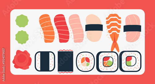 Colorful sushi platter illustration with ginger and wasabi on red backdrop