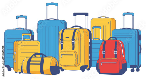 Colorful travel luggage collection isolated on white background for vacation