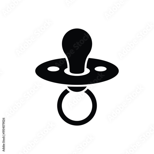 Simple black and white icon depicting a baby pacifier with a ring