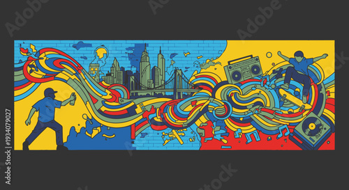 Colorful urban art illustration featuring graffiti skater skyline and music elements