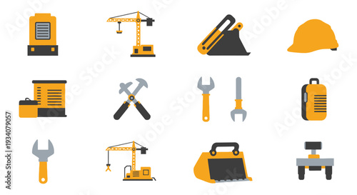 Construction equipment collection crane excavator helmet tools and machinery