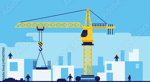 Construction site with crane lifting load and workers building structures