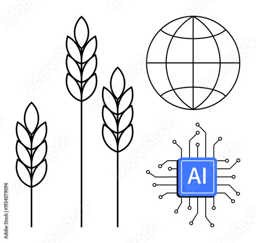 AI integration, precision agriculture, food production, global sustainability, smart farming, technology innovation. Stylized wheat, globe AI chip circuit. Precision agriculture and technology