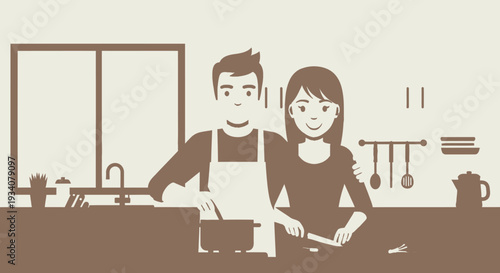 Couple cooking in kitchen vector illustration happy domestic scene