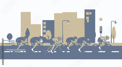 Cyclists racing along a city road with buildings and stylized elements