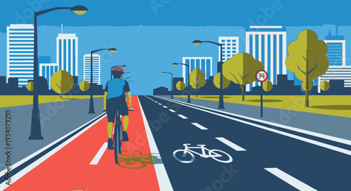 Cyclist riding bicycle on city street with bike lane and buildings