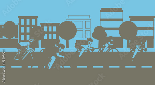 Cyclists race through cityscape silhouette against blue sky background