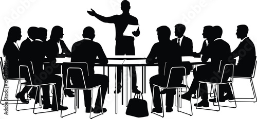 Business meeting silhouette, leader presenting papers, conference table discussion, teamwork communication, corporate leadership, professional collaboration, office environment, group presentation, 