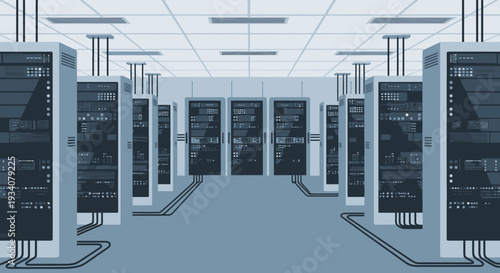 Data center illustration servers in a row technology and information processing