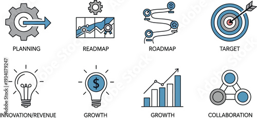 Business strategy icons set for growth and planning