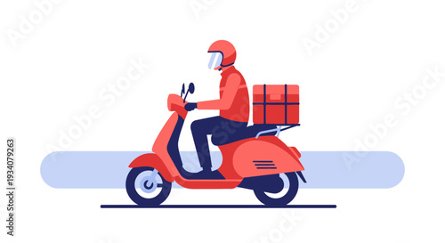 Delivery person on scooter delivering package flat vector illustration