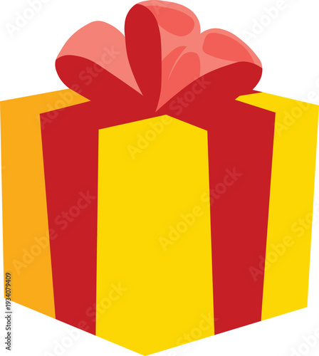 Yellow gift box with red ribbon and bow 3D isometric vector illustration