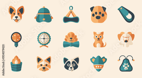 Dog icons collection of cartoon canine faces and related pet items