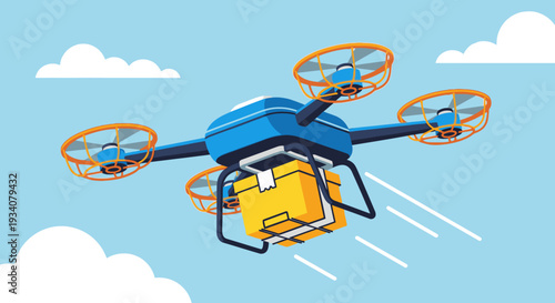 Drone delivering package against a blue sky background vector illustration