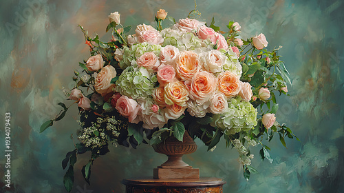 A vase of flowers sits on a table