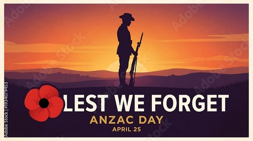 Silhouette of soldier remembering anzac day with sunset and poppy symbol