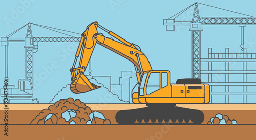 Excavator at construction site yellow machine digging with cranes in background