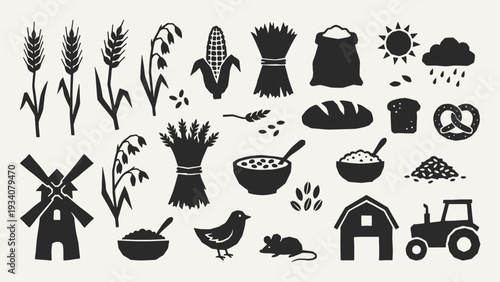 Agriculture harvest silhouette collection. Black icons set - corn cob, rice sheaf, flour sack, bread loaf, windmill, barn, tractor, farm animals. Vector linocut style minimalist design elements.