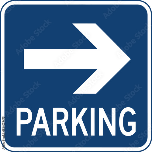 A blue parking sign with a white arrow pointing to the right