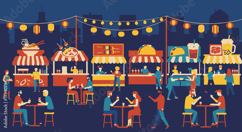 Evening food festival scene with stalls people dining under lanterns
