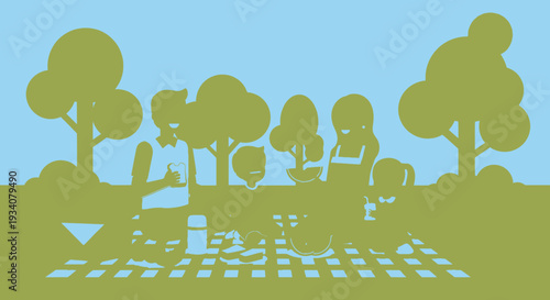 Family picnic silhouette enjoying leisure and summer outdoors