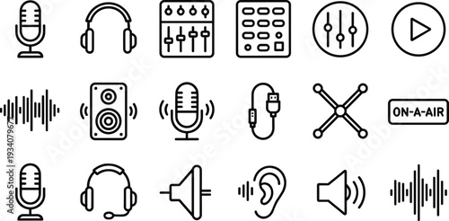 Audio and sound equipment icons set, microphone, headphones, speaker, sound wave, equalizer, USB cable, broadcasting, music production, communication d