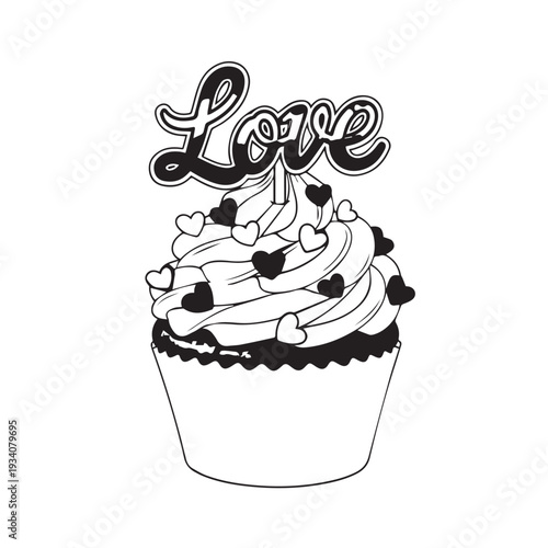 Delightful cupcake with swirled frosting, heart decorations, and a decorative Love topper.