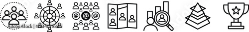 Business teamwork icons set, organizational structure, community group, digital communication, personnel directory, performance evaluation, hierarchy pyramid, achievement success trophy