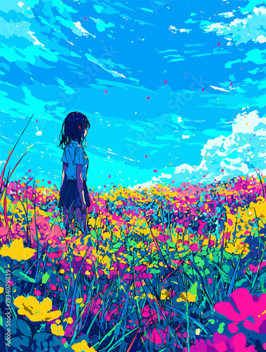花畑に立つ少女と青空　カラフルな春夏の自然風景イラスト