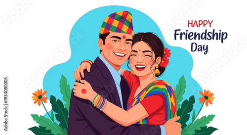 Happy Friendship Day: Joyful South Asian Couple Embracing, Featuring Traditional Nepalese Attire in Vector Illustration
