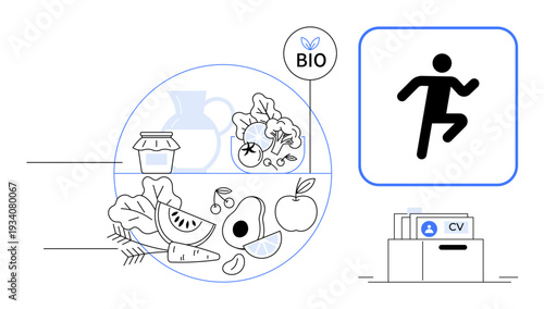 Healthy lifestyle concept. Healthy eating with organic food, fitness activities promoting an active life, and career focus. Healthy choices for wellness, fitness, career growth, work-life balance