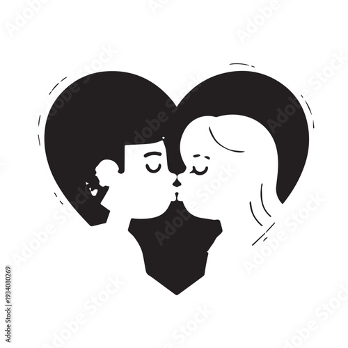 Silhouetted couple sharing a kiss under a heart shape in a minimal black and white illustration.
