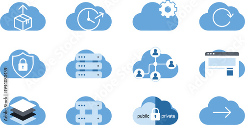 Cloud computing icons set, data upload, synchronization refresh, cloud security shield, server storage, collaboration network, web hosting, hybrid cloud migration