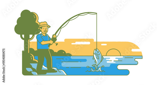 Fisherman fishing with rod and reel at sunset over water vector illustration
