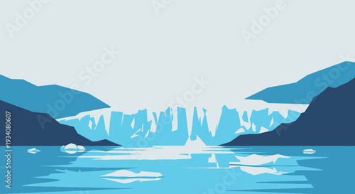 Glacial landscape illustration depicting mountains water and ice