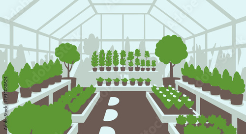 Greenhouse interior illustration showcasing plants and vegetation