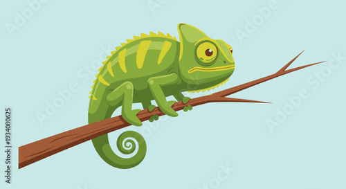 Green chameleon perched on branch against light blue backdrop cartoon illustration