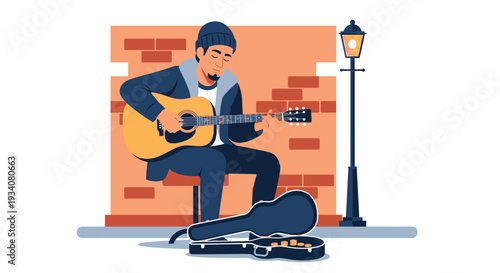 Guitar player with instrument case by brick wall and lamp post illustration