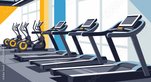 Gym interior illustration featuring treadmills and exercise machines