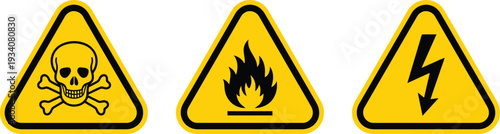 Set of Hazard Warning Signs – Toxic, Flammable and High Voltage Symbols