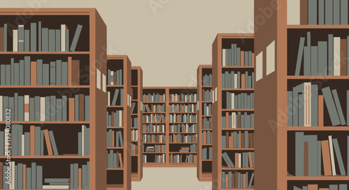 Illustrated library bookshelves background books education study knowledge