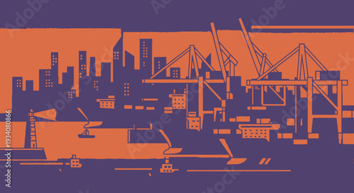 Industrial harbor illustration cranes buildings and ships in orange and purple